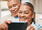 Senior couple, love and selfie in home for happy memory while enjoying time together. Romance, retirement and smile of elderly and retired man and woman taking pictures or photo for social media.