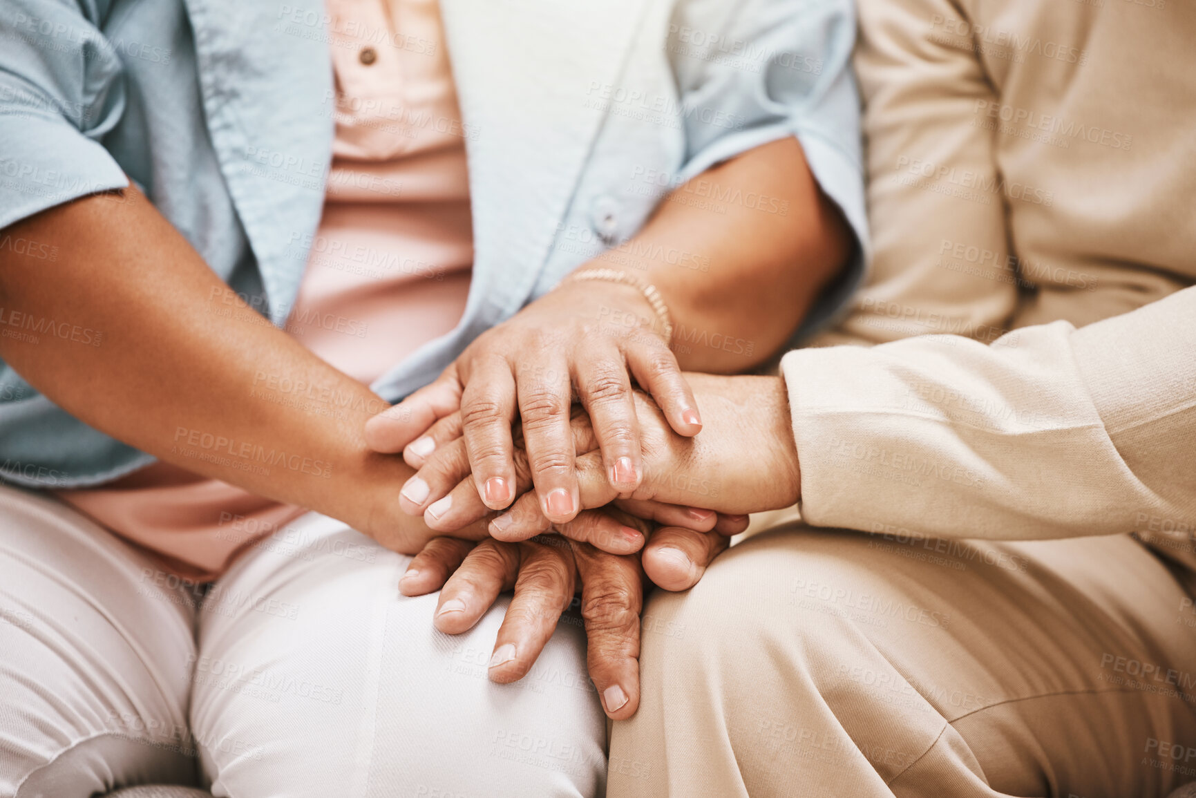 Buy stock photo Love, holding hands or old couple with support, trust or hope in a faithful marriage commitment at home. Zoom, partnership or senior man loves bonding or relaxing with an elderly woman on anniversary