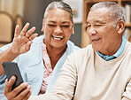 Video call, wave or happy old couple talking, communication or speaking in conversation in retirement. Partnership, elderly man or senior woman greeting online on phone at home together with smile