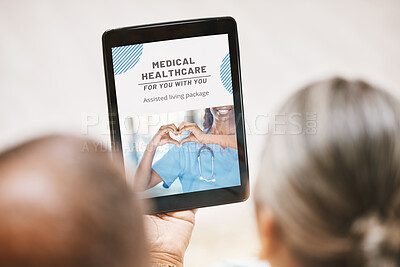 Buy stock photo Tablet, healthcare or old couple reading health insurance information on a medical website or internet. Digital app, screen or elderly man searching online for a life plan or policy with senior woman