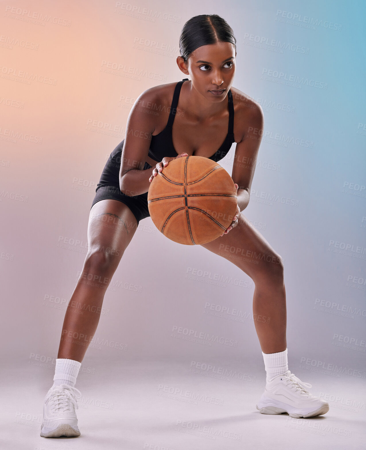 Buy stock photo Fitness, basketball player or black woman isolated on gradient background in action, challenge and body workout. Indian person or young model in studio training, exercise and ball with focus mindset