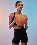 Fitness, basketball and sports woman isolated on gradient background for workout, training and body exercise. Young Indian athlete, person or model in studio with ball in focus. game or cardio health