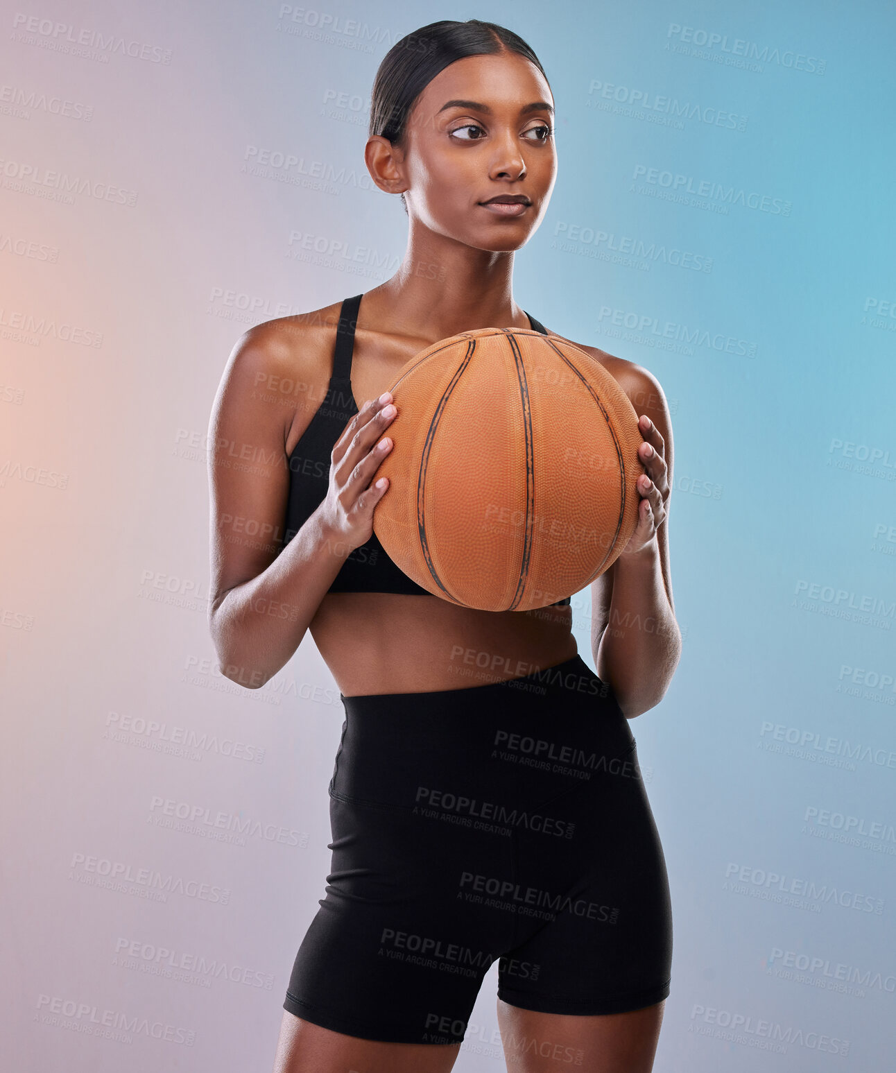 Buy stock photo Fitness, basketball and sports woman isolated on gradient background for workout, training and body exercise. Young Indian athlete, person or model in studio with ball in focus. game or cardio health