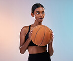 Basketball exercise, sports and studio woman for workout challenge, practice game or fitness competition. Performance training, health commitment and athlete model isolated on gradient background