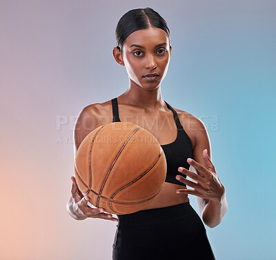 Buy stock photo Basketball portrait, sports fitness and woman ready for workout challenge, practice game or studio competition. Performance training, health exercise and athlete model isolated on gradient background