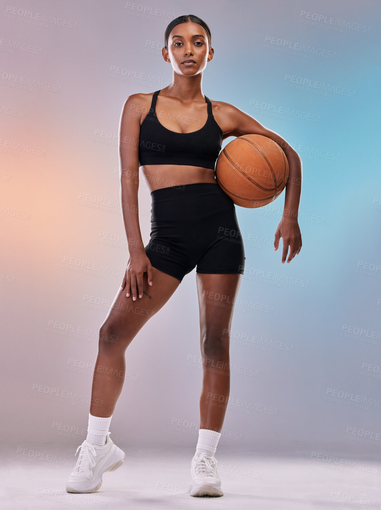 Buy stock photo Body, portrait and black woman in basketball sports isolated on gradient background workout, training and exercise. Confident Indian athlete, person or studio model for fitness, challenge and fashion