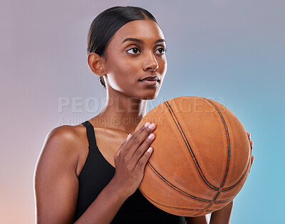 Buy stock photo Basketball workout, sports and studio woman for exercise challenge, practice game or fitness competition. Performance training, health commitment and athlete model isolated on gradient background