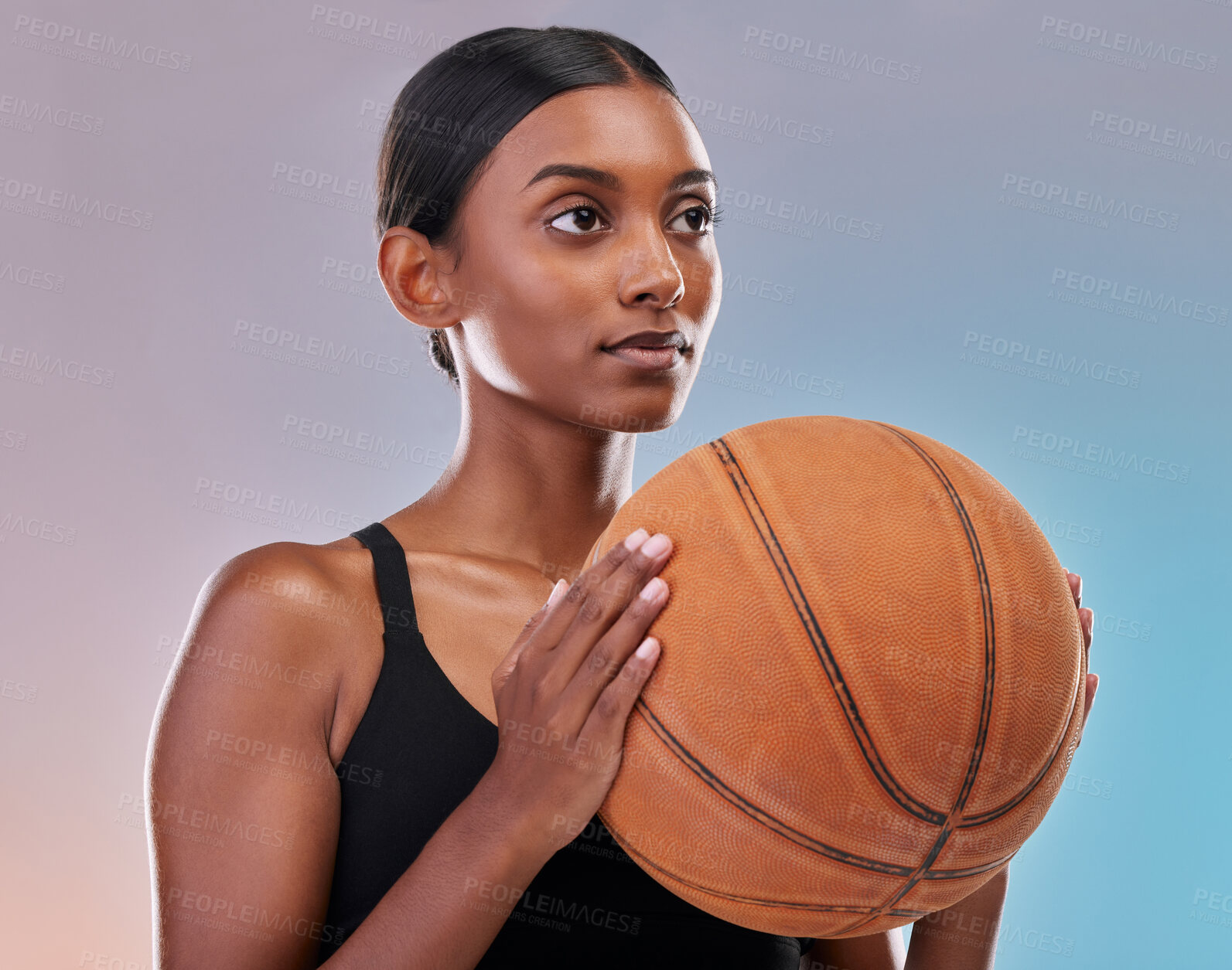 Buy stock photo Basketball workout, sports and studio woman for exercise challenge, practice game or fitness competition. Performance training, health commitment and athlete model isolated on gradient background