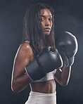 Boxer gloves, woman and portrait on black background for sports, strong focus or mma training. Female boxing, champion and fist fight in studio, impact and warrior energy for power of fitness workout