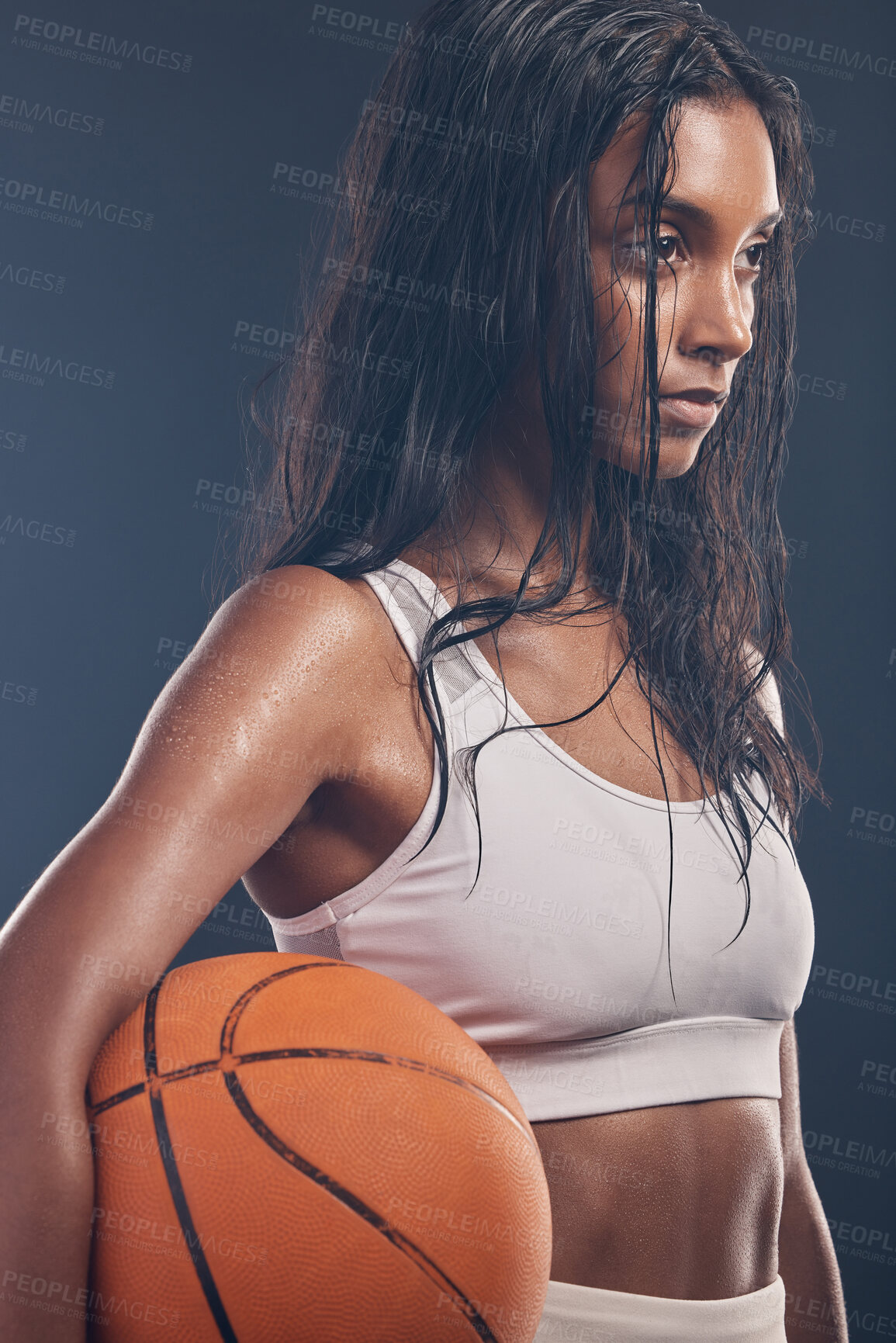 Buy stock photo Basketball player, sports workout and studio woman for wellness challenge, practice game or fitness competition. Performance training, health exercise and athlete model isolated on dark background