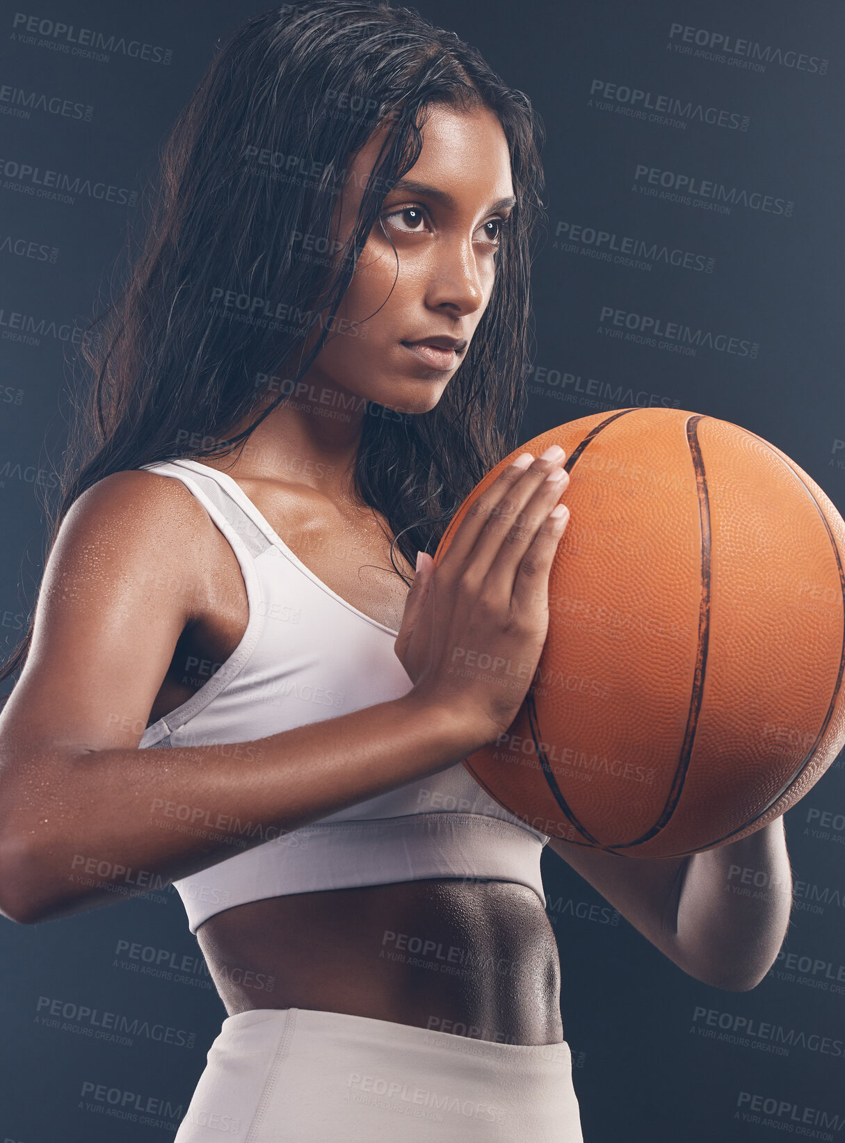 Buy stock photo Basketball player, sports exercise and studio woman for wellness challenge, practice game or fitness competition. Health performance, training workout and athlete model isolated on dark background