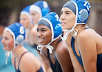 Woman water polo team, focus and game with strategy, goals or support with exercise, motivation or contest. Women group, teamwork and summer sports at swimming pool at university competition for goal