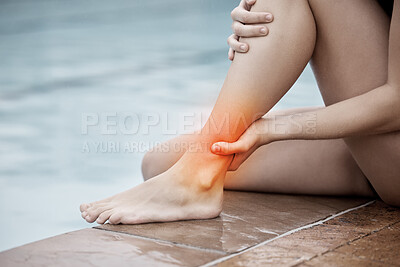 Buy stock photo Pool, fitness and athlete with an ankle pain, injury or accident after water sport training or exercise. Sports, swim and woman swimmer with leg sprain, medical emergency or torn muscle after workout