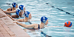 Training, sports or team in swimming pool for water polo practice, cardio workout or body fitness. Wellness, mindset or healthy athlete girls playing or exercising for endurance or exercise goals 