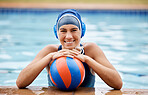 Water polo, ball and portrait of woman in pool with smile on face, swimming practice and confident young sports player. Fitness, training and happy girl swimmer ready for game or swim competition.