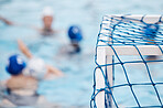 Fitness, sports or team in swimming pool for water polo practice, cardio workout or group training. Playing, goal net or healthy girl athletes exercising for cardio, endurance or fun body exercise 