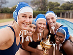 Swimming, sports team and portrait of women with trophy to celebrate winning competition together. Selfie of diversity athlete group with prize for fitness performance, teamwork and goal achievement