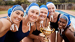 Swimming team, sports trophy and women portrait to celebrate winning competition together. Diversity athlete group or friends with gold prize for fitness performance, teamwork and goal achievement