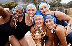 Sports team, swimming and portrait of women with trophy to celebrate winning diversity competition. Selfie of athlete friends group with prize for fitness performance, teamwork and goal achievement