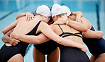 Woman, swimming team and huddle in sports preparation for match, game or collaboration together. Group of female swimmers hug in teamwork coordination, motivation or strategy for win, unity or goal