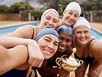 Swimming, sport trophy and team of women portrait to celebrate winning competition together. Face selfie of diversity athlete friends group and prize for fitness performance, teamwork and achievement