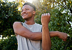 Stretching, thinking and black man in nature for running, fitness and sports in Morocco. Runner, training and athlete with a warm up to start with exercise, cardio and outdoor sports in a park