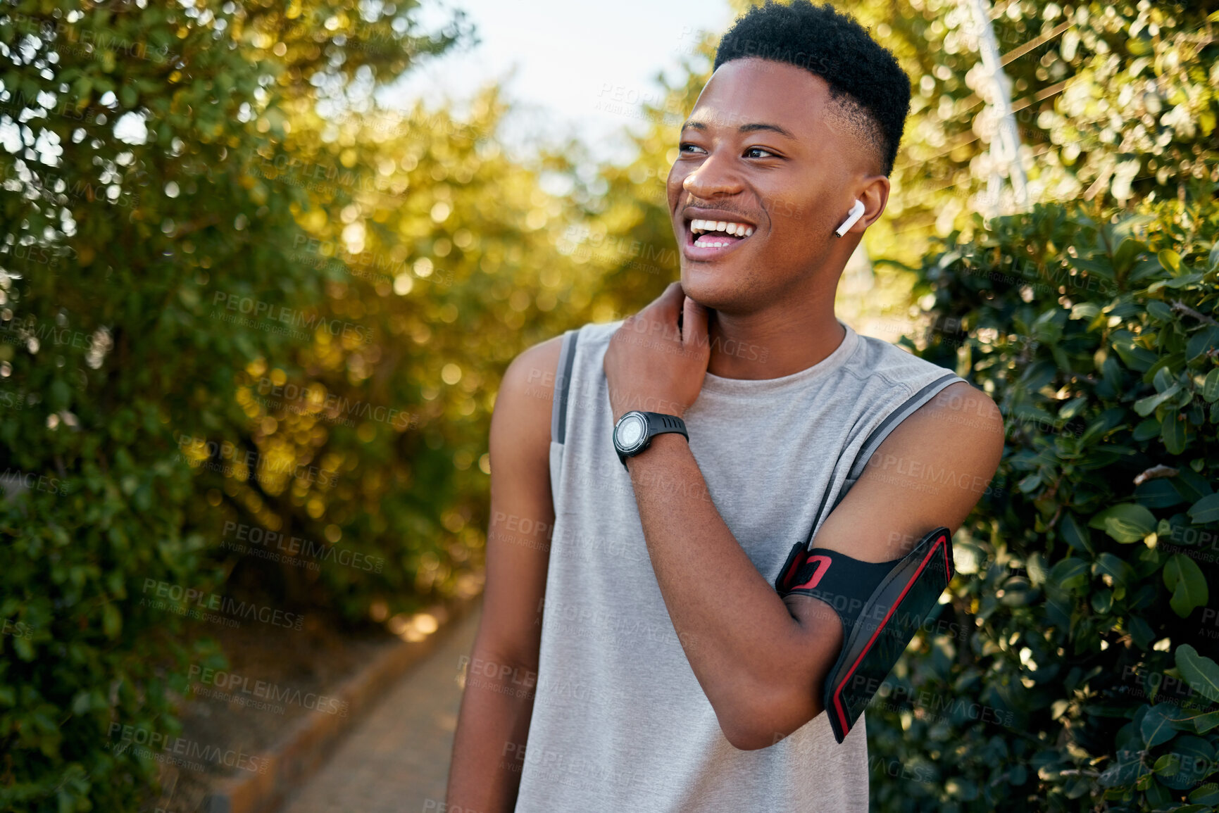 Buy stock photo Exercise, black man outdoor and training for fitness, wellness and happiness for motivation. African American male, guy and athlete with smile, workout and performance for cardio, energy and power