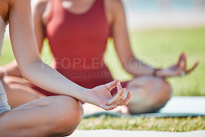 Buy stock photo Yoga class, lotus hands and women for zen fitness, exercise and mindfulness, healing and peace in park grass. Meditation, nature and calm people, personal trainer for mental health and body wellness