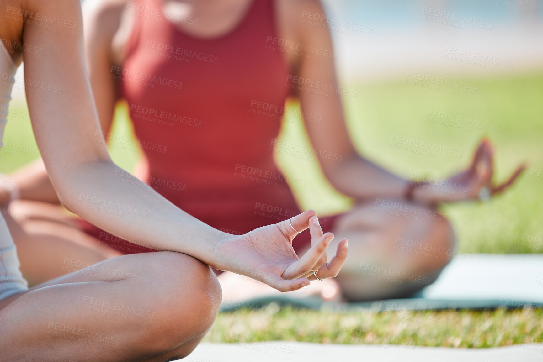 Buy stock photo Yoga class, lotus hands and women for zen fitness, exercise and mindfulness, healing and peace in park grass. Meditation, nature and calm people, personal trainer for mental health and body wellness