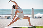 Stretching, yoga and woman in nature for fitness, meditation and body workout in New Zealand. Wellness, peace and girl with freedom and warm up to start an exercise and balance training in a park