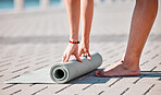 Health, roll and feet of woman with yoga mat for pilates, mediation and workout training. Zen, fitness and motivation with hands of girl stretching on ground ready for mindfulness, relax and wellness