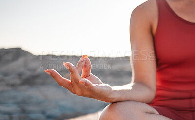 Buy stock photo Woman, hands and meditation in yoga at beach for spiritual wellness or peaceful exercise in nature. Hand of female yogi in calm meditating for zen workout, relax or awareness by ocean coast on mockup