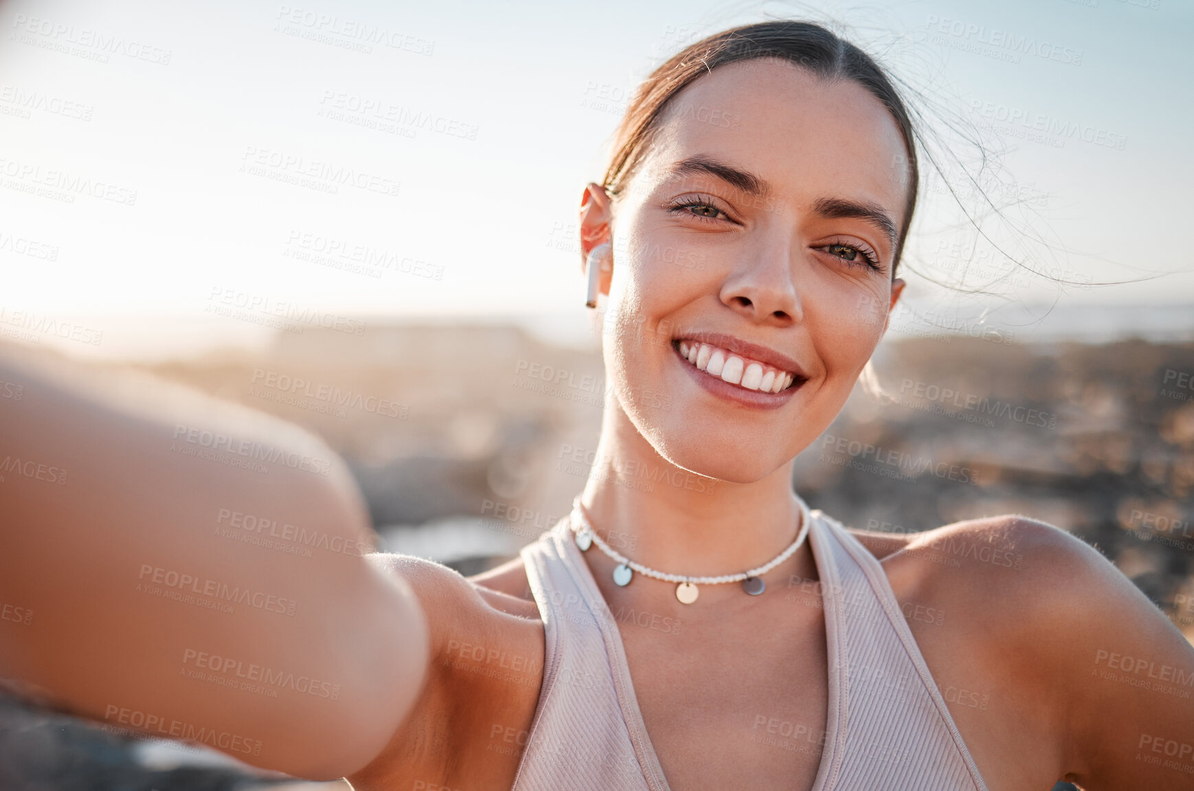 Buy stock photo Fitness, woman and portrait smile for profile picture, selfie or vlog by beach for healthy exercise. Happy female runner smiling with teeth for social media, memory or post by ocean coast outdoors