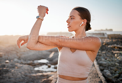 Buy stock photo Beach fitness, health and woman stretching for cardio exercise running, marathon training or body healthcare goals. Nature freedom, calm peace and athlete warm up for outdoor performance workout