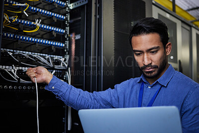 Buy stock photo Engineer laptop, server room and cable connection for software update or maintenance at night. Cybersecurity coder, cloud computing and programmer man with computer for networking in data center.