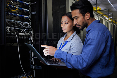 Buy stock photo People, maintenance or laptop in server room, IT engineering or software programming ideas in cybersecurity. Repair woman, man or data center technology in teamwork collaboration for safety analytics