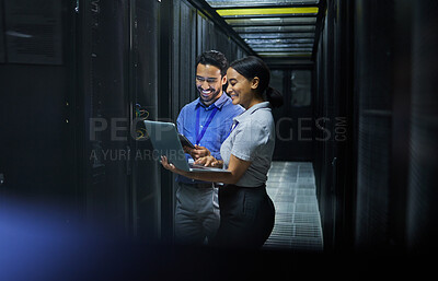 Buy stock photo Server room, laptop and technician people for software management, system upgrade or cyber security. Teamwork, data center and engineer or programmer employees, information technology and programming