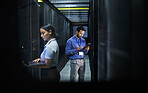 Man, woman or technology in server room, IT engineering or software programming for cybersecurity, analytics or database safety. Data center, programmer or coding developer on cloud, laptop or tablet