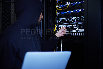 Buy stock photo Thief, programming and hacker stealing software, website data and information on server on a laptop. Connection, criminal and man hacking into a network for hardware, coding and cyber crime at night