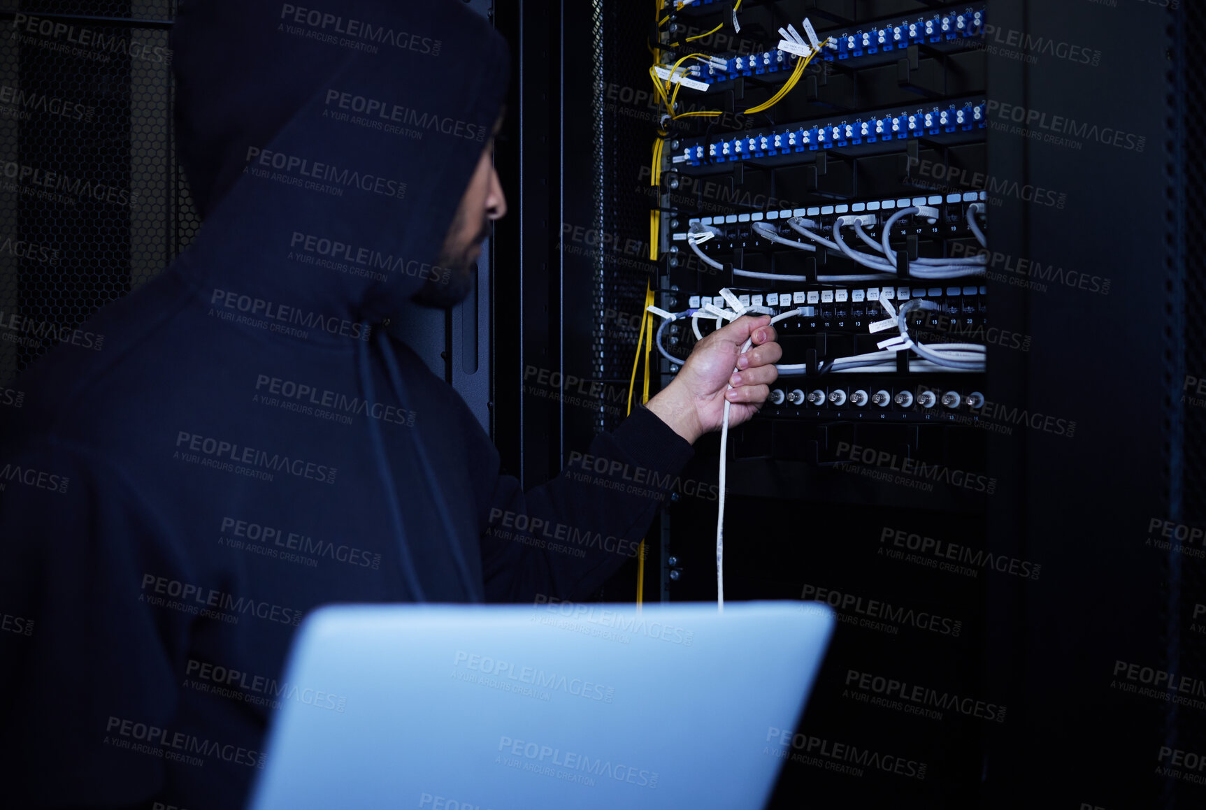 Buy stock photo Thief, programming and hacker stealing software, website data and information on server on a laptop. Connection, criminal and man hacking into a network for hardware, coding and cyber crime at night