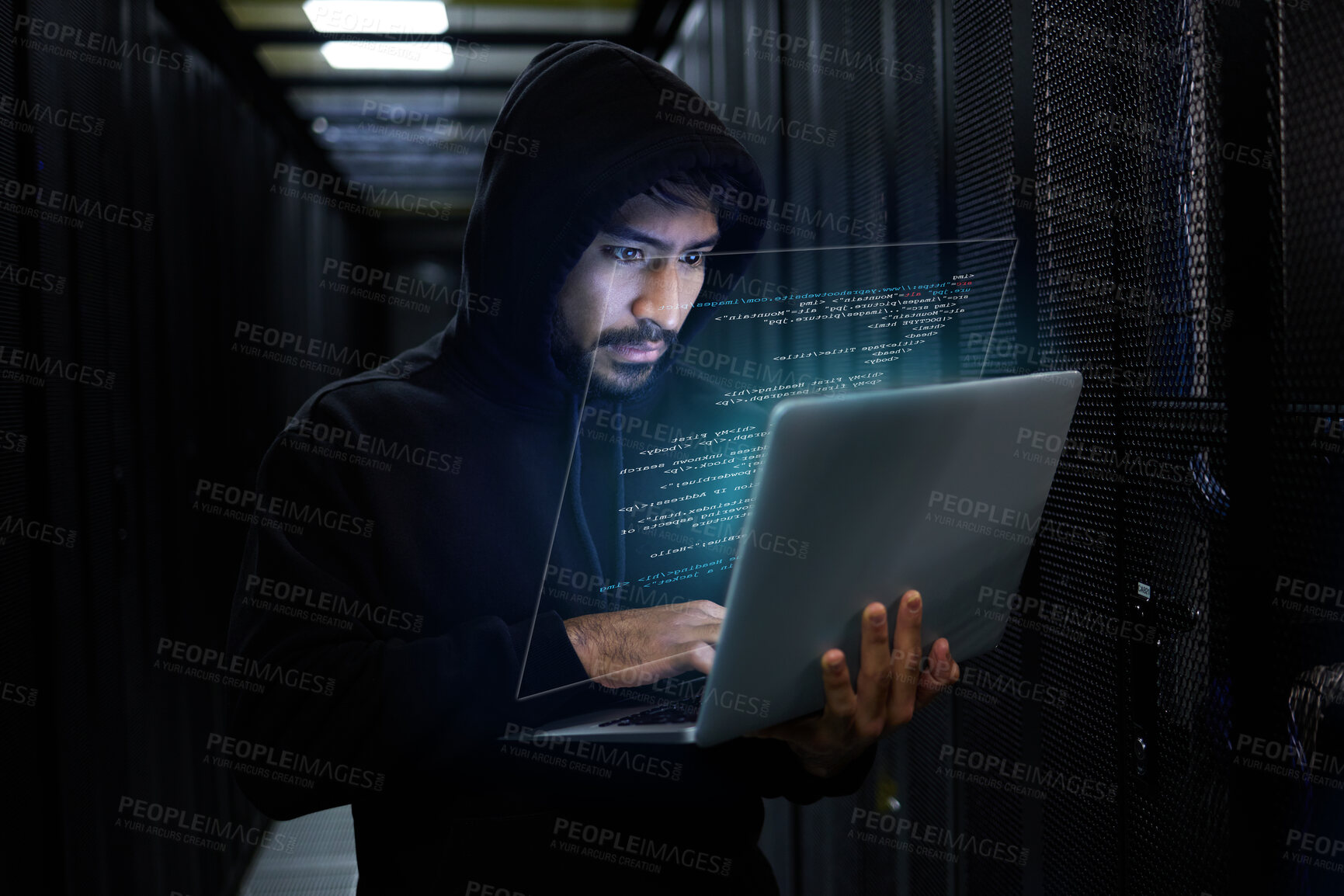 Buy stock photo Cyber security, crime and hacker coding in server room with laptop at data center and stealing sensitive digital information. Technology, software and man hacking in database to update ransomware.