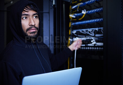 Buy stock photo System, fraud and hacker stealing software, website data and information on server on a laptop. Connection, criminal and man hacking into a network for hardware, coding and cyber crime at night