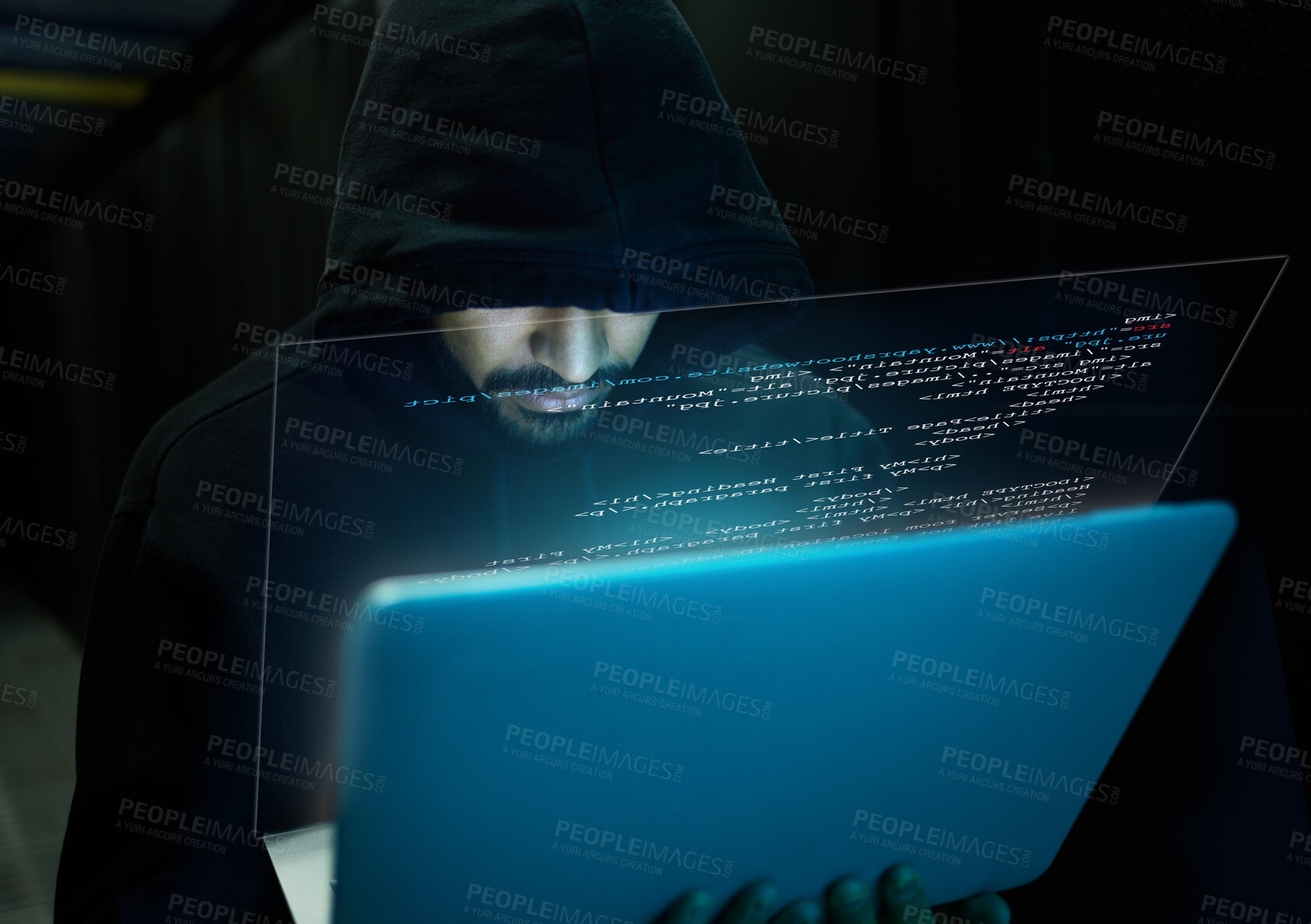 Buy stock photo Cyber security, crime and hacker with laptop typing in data center, stealing sensitive digital information and coding. Technology, software and man hacking in database to update ransomware on website