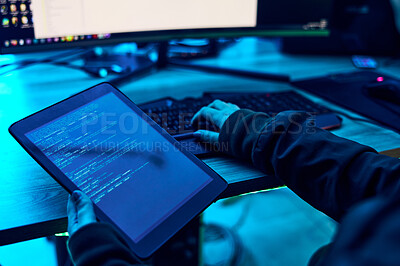 Buy stock photo Tablet, html screen and programmer hands with coding software system for cyber security or hacking. Information technology, programming or coding hacker person with data, server and neon dark office