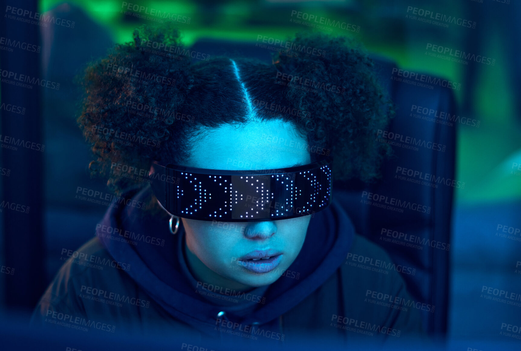 Buy stock photo Computer, cyberpunk glasses or neon hacker hacking software, online server or girl programming password phishing. Blue ransomware developer, cybersecurity face or night programmer coding malware code