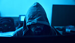 Computer, night hoodie or neon hacker hacking database software, online server or man password phishing. Blue ransomware developer, cybersecurity programming or hidden programmer coding malware code