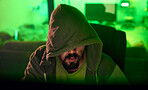 Computer hacker, hoodie or neon man hacking database software, online server or password phishing. Green ransomware developer, cybersecurity programming or hidden night programmer coding malware code