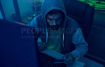 Buy stock photo Computer, credit card or neon hacker hacking online software, fintech server or fraud password phishing. Ransomware developer, man programming cybersecurity for scam or programmer coding malware code