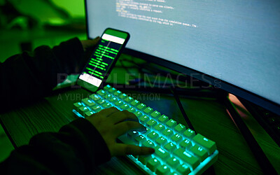 Buy stock photo Phone, neon and hands typing on a keyboard while doing website design or coding on a computer at night. Technology, cellphone and male coder working late on webdesign project in office in the evening