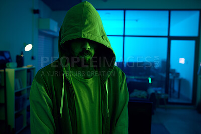 Buy stock photo Man, hacking or dark hoodie in neon living room with cybersecurity, software programming or phishing mystery. Hacker, hood or night clothes with secret virus ideas of fraud scam, crime or theft